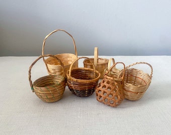 Vintage Mini Baskets, Set of 7 Miniature Hand-Woven Doll or Dollhouse Baskets