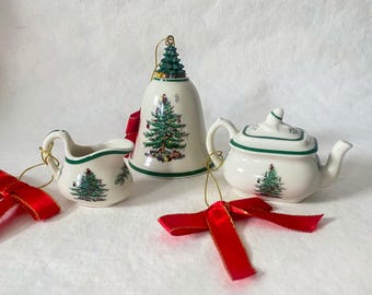 2005 Spode Christmas Tree Ornaments, Set of Three Porcelain Teapot, Creamer, Bell
