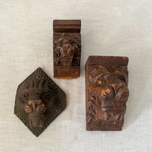 Carved Wood Lion Head, Choice of One, Antique Architectural Salvage Corbel, 19th Century Wall Hanging