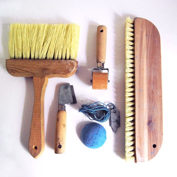 Vintage Wallpaper Hanging Kit, 1970s Tool Set, Warner Vinyl Brushes, Knife, Blue Chalk, Plumb Bob, House Building Supplies, Men's Work Kit