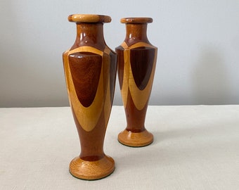 1940s Turned Wood Candleholders or Vases, Vintage Pair of Inlaid Wood Columns