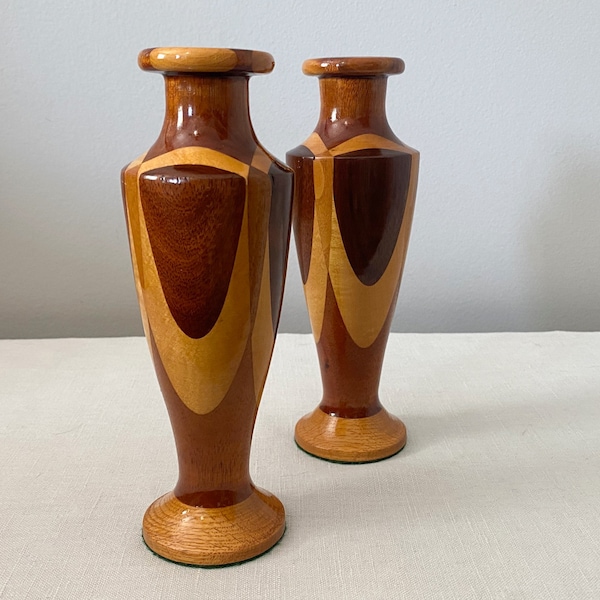 1940s Turned Wood Candleholders or Vases, Vintage Pair of Inlaid Wood Columns