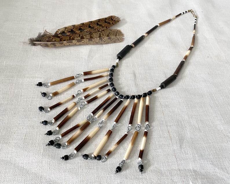 Porcupine Quill Necklace, Vintage African Handmade Jewelry, Glass Beads