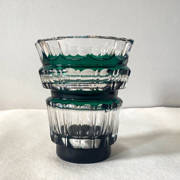 Val Saint-Lambert Crystal Vase, Vintage Art Deco Green and Clear Doubled Glass Vase, Bolero by Charles Graffart