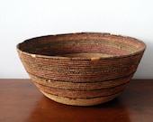 Antique Coiled Basket, African Tribal Art, Early 20th Century Basket, Striped Natural Fibers, Hand Woven Folk Art
