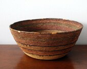 Antique Coiled Basket, African Tribal Art, Early 20th Century Basket, Striped Natural Fibers, Hand Woven Folk Art