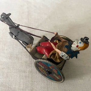 Antique Tin Clown, German Lehman Wind-up Toy, Balky Mule Cart, Early 1900s image 4