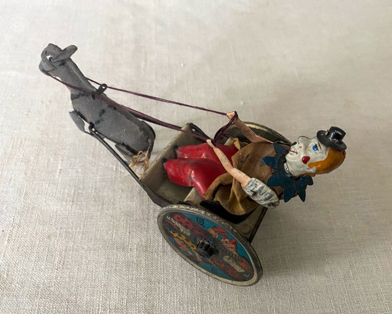Antique Tin Clown, German Lehman Wind-up Toy, Balky Mule Cart, Early 1900s image 4