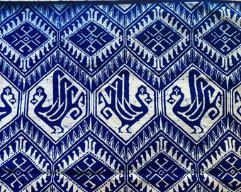 Indigo Print Fabric, Vintage Block Printed Fabric Panel, 33.25 x 78.75 inches, Blue Birds