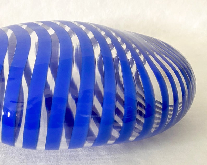 Studio Blown Glass Vase, Vintage Blue Striped Glass Vase image 8