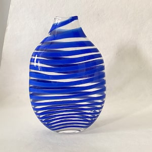 blown glass, studio, striped, blue, cobalt blue, clear glass, vintage, hand blown, home decor, modern