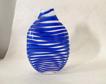 Studio Blown Glass Vase, Vintage Blue Striped Glass Vase