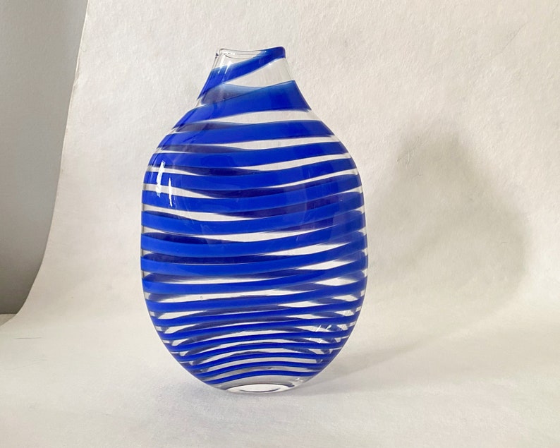 blown glass, studio, striped, blue, cobalt blue, clear glass, vintage, hand blown, home decor, modern