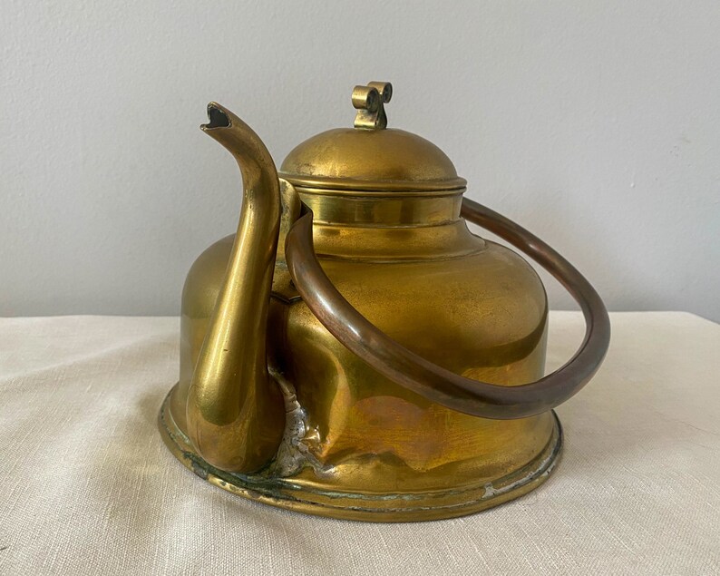 Brass Tea Kettle, Vintage Northern European Primitive Teapot, Shabby Country Kettle image 4