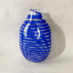 Studio Blown Glass Vase, Vintage Blue Striped Glass Vase image 3