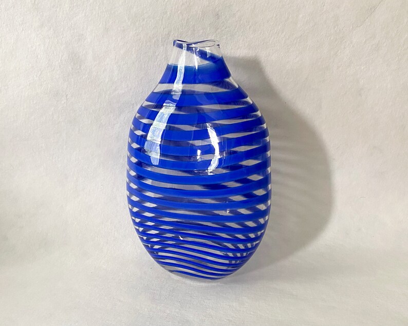 Studio Blown Glass Vase, Vintage Blue Striped Glass Vase image 3