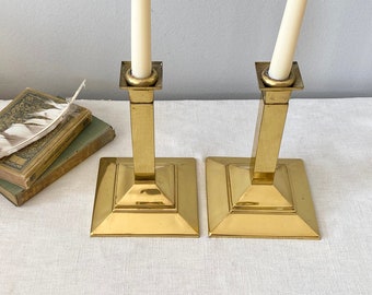 Vintage Brass Candlesticks, Pair of Square Based Candle Holders