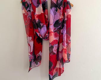 Vintage Calvin Klein Scarf, Red and Purple Floral Shawl 72 x 28 inches