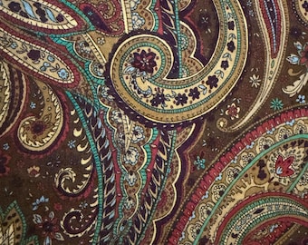 Vintage Paisley Tablecloth, Large Round 90 Inch Brown, Tan, Maroon, Turquoise