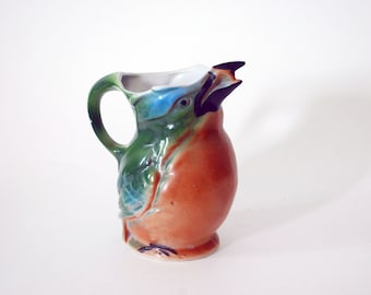 German Art Pottery Bird Pitcher, Vintage Kingfisher Milk Pitcher or Creamer, Royal Bayreuth Porcelain Ceramics