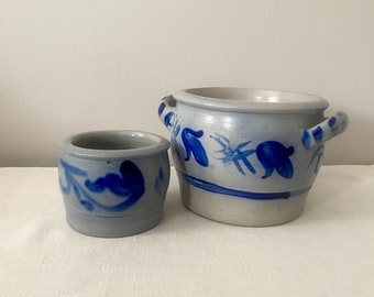 Salt Glazed Stoneware Crocks, Vintage Belgian Pottery, Gray and Cobalt Blue Earthenware