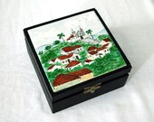 Wood Jewelry Box, Hand Painted Ceramic Tile, Ouro Preto Brazil Cathedral, Vintage Trinket Box or Storage Container, Vanity Boudoir Decor