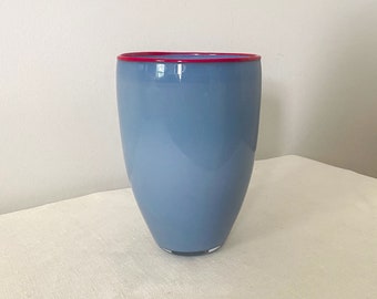 Postmodern Blown Glass Vase, Vintage Ibex Glass Studio Hand Blown Glass, Slate Blue with Red Rim