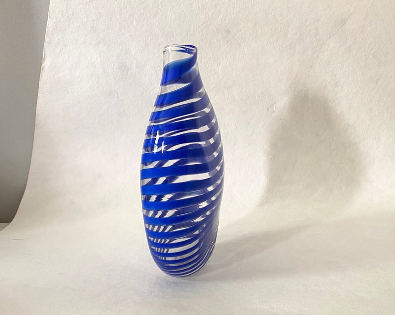 Studio Blown Glass Vase, Vintage Blue Striped Glass Vase image 2