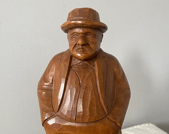 Hand Carved Wooden Statue, Vintage Grumpy Old Man, Black Forest German Folk Art