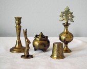 Brass Miniatures Collection, Chinese Brass Figurines, Mini Rabbit Statue, Etched Thimble, Brass Finial, Incense Burner Chinoiserie