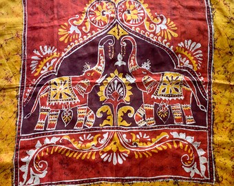 Indian Batik Silk Scarf, 1970s Vintage Square Elephant Scarf, 34.5 Inch