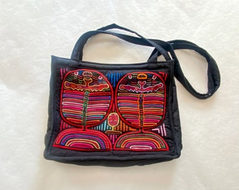 Vintage Mola Purse or Tote Bag, Boho Shoulder Bag, 1990s Panama Folk Art Handbag