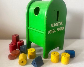 Playskool Postal Station, Vintage 1950s Wooden Toy Mailbox with Blocks