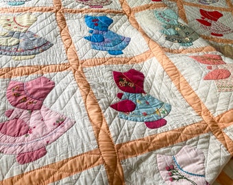 Sunbonnet Sue Queen Size Quilt, Vintage Applique and Embroidery Quilt, Hand-Stitched 88 x 100 inches