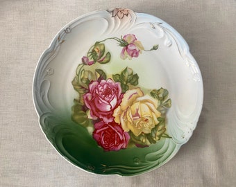 Victorian Floral Platter, Antique Porcelain Transferware Plate with Pink and Yellow Roses