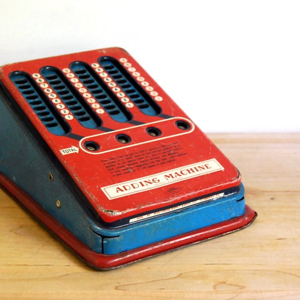 Vintage Toy Adding Machine Tin Toy by Wolverine, Back to School, Red Blue