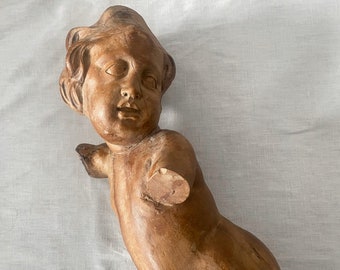 Carved Wooden Angel, 18th Century Antique Architectural Salvage Statue, Baroque Cupid or Putti from Prague, Czech Republic