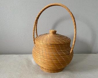 Golden Grass Basket, Vintage Handmade Coiled Basket from Brazil with Handle and Lid