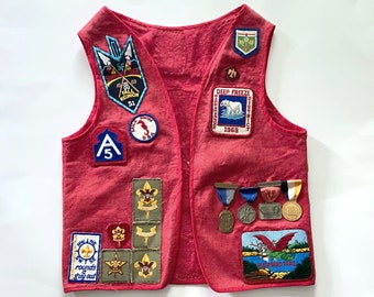 1960s Red Boy Scout Vest with Embroidered Badges, Rank Patches, Trail Medals and Patches, Vintage Scouting Memorabilia