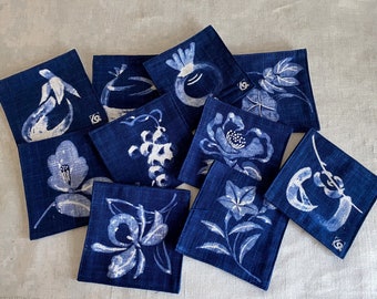Japanese Indigo Coasters, Vintage Hand Dyed Linen Textiles, Set of 10, Takumi Craft Shop