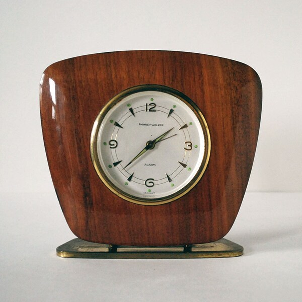 Modern Desk Accessory, Mid Century Modern Clock, Phinney Walker Maple Desk Clock, Semca German Clock, Vintage Brass Retro, Man Cave Decor