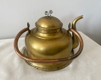 Brass Tea Kettle, Vintage Northern European Primitive Teapot, Shabby Country Kettle