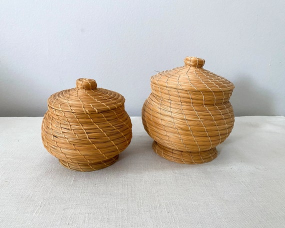 1970s Vintage Handcrafted Coiled Yarn Basket