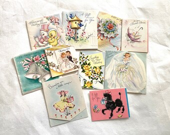 1950s Wedding Shower Gift Cards, Vintage Greeting Cards, 10 Small Used Cards