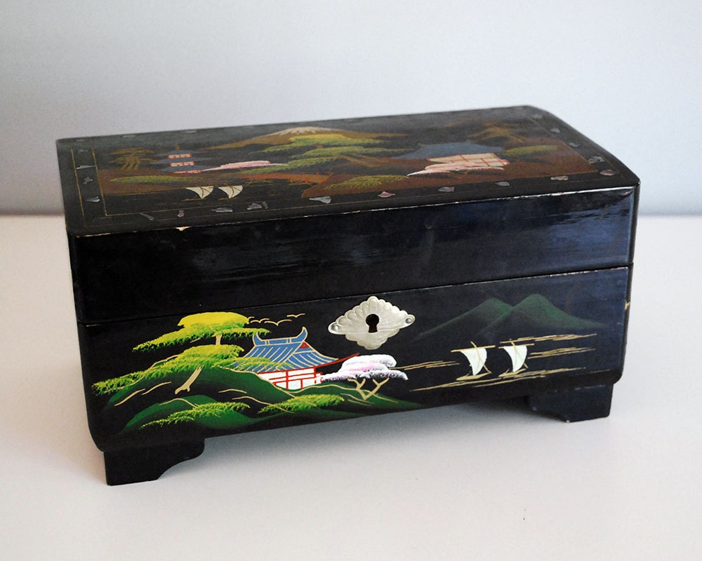 1950s Japanese Lacquer Music Box Vintage Wood Jewelry Box Two Etsy