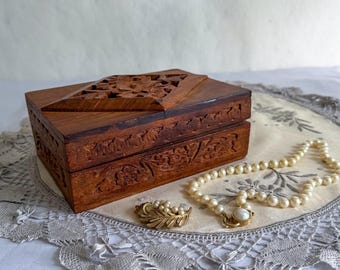 Hand Carved Wood Trinket Box, Vintage Indian Jewelry Box