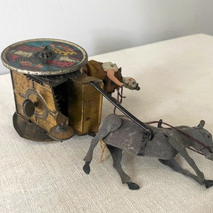 Antique Tin Clown, German Lehman Wind-up Toy, Balky Mule Cart, Early 1900s image 9