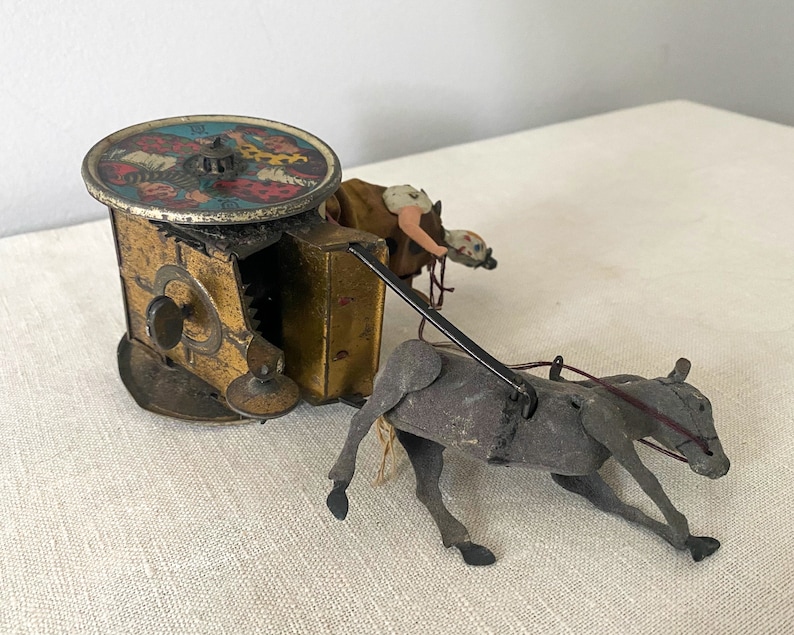 Antique Tin Clown, German Lehman Wind-up Toy, Balky Mule Cart, Early 1900s image 9