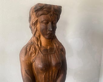Carved Wood Caryatid Corbel, Architectural Salvage Sculpture, Antique Early 20th Century Art Nouveau Statue