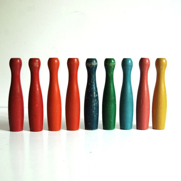 Vintage Miniature Bowling Pins, Nine Rainbow Colors